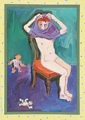 Untitled - Seated Figure with Dolls by Leslie Donald Poole, 1982, oil on archival paperboard, sold Nov 1995