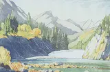Margaret Shelton, Bow Falls at Banff #Ed.2 49/100, 1972, lino block in eight colours on paper