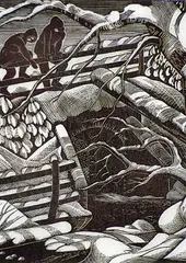 Lucille Oille, Untitled - Children on a Snowy Bridge, 1947, wood block on paper