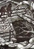 Lucille Oille, Untitled - Children on a Snowy Bridge, 1947, wood block on paper