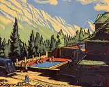 Margaret Shelton, Upper Hot Springs, Banff, 1952, lino block in five colours on paper