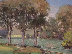 Untitled - View of a Garden by Phyllis Armour Hertzberg, oil on panel, sold May 1995