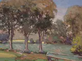 Phyllis Armour Hertzberg, Untitled - View of a Garden, oil on panel