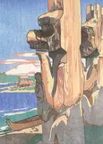 Walter J. Phillips, Siwash House Posts, Tsatsisnukomi, British Columbia #267, 1928, colour wood block on paper