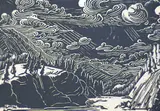 Margaret Shelton, Bow Falls from South, 1941, lino block on paper