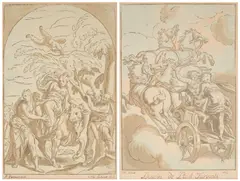 Nicolas le Sueur, (i) THE RAPE OF EUROPA; (ii) PHAETON DRIVING APOLLO'S CHARIOT (i), Woodcut (Chiaroscuro printed in light bluish gray