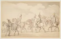 French Prisoners Under Guard, 1794 by Thomas Rowlandson, pen and ink and watercolour on laid paper, sold Mar 2025