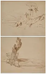 Edward Lear, A Mountainous Landscape With Figures Seated By A Shrine; Sketch Of A Tomb With Classical Frieze With Mountains Beyond (I & Ii), pen and brown ink each