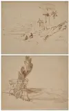 Edward Lear, A Mountainous Landscape With Figures Seated By A Shrine; Sketch Of A Tomb With Classical Frieze With Mountains Beyond (I & Ii), pen and brown ink each