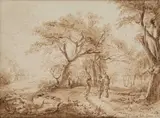 Albert Christoph Dies, Figures In A Wooded Landscape, pen and brown ink and sepia wash on laid paper