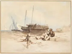 William Collingwood Smith, Two Figures Seated By The Shore With Boats Beyond, watercolour on paper