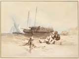 William Collingwood Smith, Two Figures Seated By The Shore With Boats Beyond, watercolour on paper