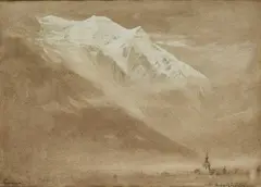 Albert Goodwin, Chamonix, watercolour wash with hand-colouring and pen and ink