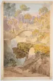 Joshua Cristall, Waterfall At Llandoga - Monmouthshire, watercolour over pencil on two joined sheets mounted as one