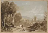 William Alfred Delamotte, Caerphilly Castle South Wales, pen and brown ink and watercolour heightened with white on grey paper