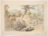 Anthony Devis, Looking Across Ride Lane To St. Martha's Chapel, Guildford, pen and ink and watercolour