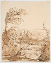 Thomas Barker, Fishing By A Bridge, pen and ink and sepia wash