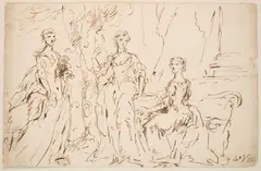 John Vanderbank, Study For A Group Portrait Of Three Women On A Terrace, pen and brown ink over pencil on laid paper