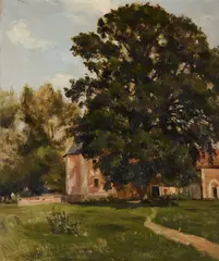 Friederich Wilhelm Otto Modersohn, House Among Trees, oil on board