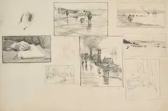 Alexander Mann, Seven Landscape Studies And Study Of A Hand And Of An Artist Drawing, 1985, pencil on paper