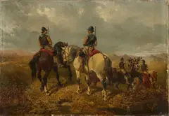 John Frederick Herring, Jr., Mounted Militia Crossing A Mountain Range, oil on canvas