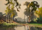 Lucien Péri, Sheep And Shepherdess By A River, oil on board