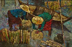 Noparat Livisit, Securing The Rice Harvest, oil on canvas