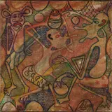George Lilanga, Figures Dancing, oil on goatskin
