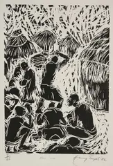 Henry Tayali, (i) HOME TOWN; (ii) THINKER; (iii) THINGS FIND MEN, woodcuts in monochrome (i)