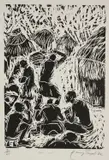 Henry Tayali, (i) HOME TOWN; (ii) THINKER; (iii) THINGS FIND MEN, woodcuts in monochrome (i)