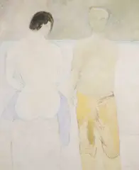 Saâd Hassani, Two Figures, gouache and pastel on paper laid on panel