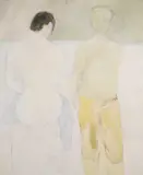 Saâd Hassani, Two Figures, gouache and pastel on paper laid on panel