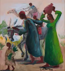Coming To The Village by Omar Abdel Zaher, oil on board, sold Oct 2024