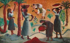 Date Gathering by Omar Abdel Zaher, oil on board, sold Oct 2024