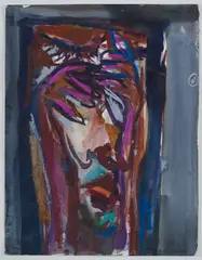 Hasan Hourani, Face, watercolour and oil pastel on paper