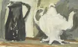 Jeremy Le Grice, Jug And Tea Pot Still Life Xiii, oil on board 31cm by 50cm