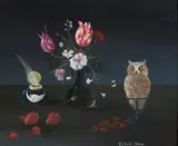 Daniel Bonnec, Nature morte à l'hibou, huile sur toile