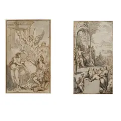 Jan Goeree, Sans titre, 2017, Le Sermon sur la montagne et Projet de frontispice, 2 encres brunes et lavis gris sur papier