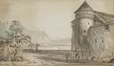 Michel-Vincent Brandoin, Fête vers le château de Chillon devant les Dents du Midi, encre de Chine et aquarelle sur papier