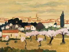 Georges Borgeaud, Ardèche, Amandiers en fleurs, huile sur toile