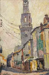 Mela Muter, Na ulicy Rue Carreterie w Awinionie z widokiem na dzwonnicę klasztoru Augustianów, olej, sklejka