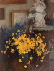 Alfons Karpiński, Bukiet kwiatów rumianu żółtego, 1921 r., 1921, olej, płyta, 76
