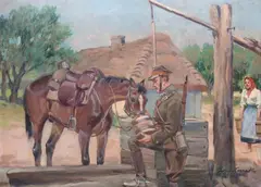 Jerzy Kossak, Przy studni, olej, płótno, 50