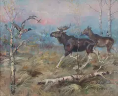 Jerzy Kossak, Łosie, 1947 r., 1947, olej, płótno