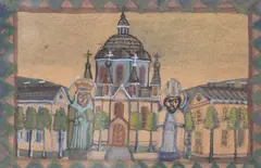 Nikifor Krynicki, Przed świątynią, lata 50. XX w., akwarela, gwasz, papier
