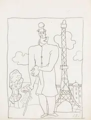 Stanisław Eleszkiewicz, Przy wieży Eiffla, kredka, ołówek, papier, 26