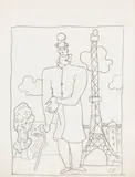 Stanisław Eleszkiewicz, Przy wieży Eiffla, kredka, ołówek, papier, 26
