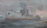 Marian Mokwa, Krążownik Aurora, olej, płótno