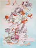 Monika Malewska, Pigeon Skeletons Composition with Orange Lilies, Ribbons and Spray Paint, 2020, 2020, akwarela, akryl, spray, papier, 80