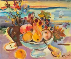 Ludwig Klimek, Owoce na plaży, olej, płótno